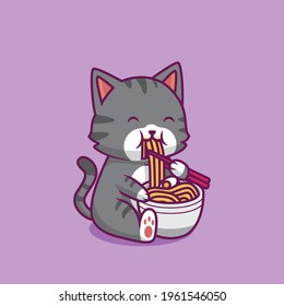 Cute cat eating noodle cartoon illustration The Concept of Isolated Technology. Flat Cartoon Style Suitable for Landing Web Pages, Banners, Flyers, Stickers, Cards