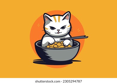 Cute cat eating noodle cartoon illustration. Flat Cartoon Style