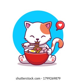 Cute Cat Eating Noodle With Chopstick Cartoon Vector Icon Illustration. Animal Food Icon Concept Isolated Premium Vector. Flat Cartoon Style