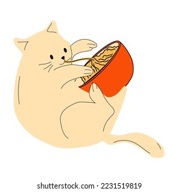 Cute cat eating noodles and uses chopsticks. Ramen. Asian food.