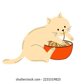 Cute cat eating noodles and uses chopsticks. Ramen. Asian food.