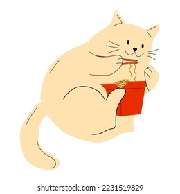 Cute cat eating noodles and uses chopsticks. Ramen. Asian food.