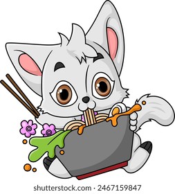 Cute cat Eating Ramen Bowl With Chopstick of illustration