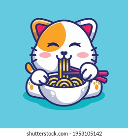 Cute cat eating ramen with chopstick cartoon