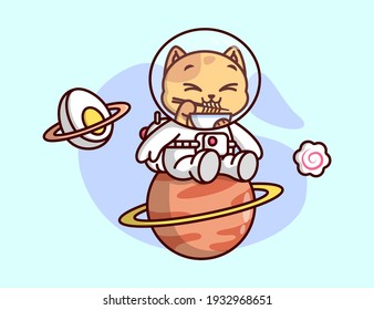 CUTE CAT EATING RAMEN IN HIS ASTRONAUT SUIT CARTOON ILLUSTRATION