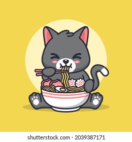 Cute cat eating ramen. Cat cute kawaii illustration.