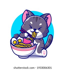 Cute Cat Eating Ramen Noodle With Chopstick Cartoon Vector Icon Illustration. Animal Food Icon Concept Isolated Premium Vector. Flat Cartoon Style