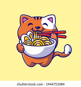 Cute Cat Eating Ramen Noodle With Chopstick Cartoon Vector Icon Illustration. Animal Food Icon Concept Isolated Premium Vector. Flat Cartoon Style