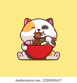 Cute cat eating ramen noodle simple cartoon vector illustration animal food icon