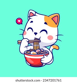 Ilustración del icono del vector de caricaturas de fideos de Ramen que come un gato lindo. Vector Premium Aislado De Icono De Alimentos Animales. Estilo de dibujo plano