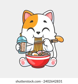 Un gato lindo comiendo fideos de Ramen con té de leche de Boba con bebida
Ilustración del icono del vector de dibujos animados. Concepto de icono de comida animal
Vector Premium aislado. Estilo de dibujo plano