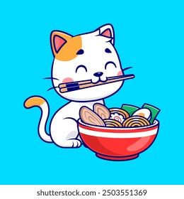 Gato lindo que come la ilustración del icono del Vector de la historieta de los fideos del ramen. Icono de comida animal concepto aislado Premium Vector. Estilo plano de la historieta