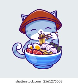 Cute Cat Eating Ramen Noodle Cartoon Vector Icon 
Illustration. Animal Food Icon Concept Isolated Premium 
Vector. Flat Cartoon Style 