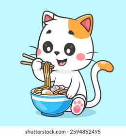 Cute Cat Eating Ramen Noodle With Chopstick Cartoon Vector Icon Illustration. Animal Food Icon Concept Isolated Premium Vector. Flat Cartoon Style