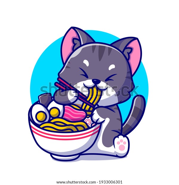 かわいい猫が食べるラーメンと箸の漫画のベクター画像アイコンイラスト 動物の食べ物のアイコンコンセプト プレミアムベクター画像 フラットカートーンスタイル のベクター画像素材 ロイヤリティフリー