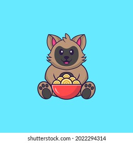 Cute cat eating ramen noodles. Animal cartoon concept isolated. Can used for t-shirt, greeting card, invitation card or mascot.