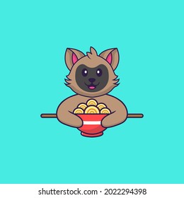 Cute cat eating ramen noodles. Animal cartoon concept isolated. Can used for t-shirt, greeting card, invitation card or mascot.