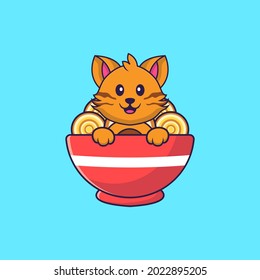 Cute cat eating ramen noodles. Animal cartoon concept isolated. Can used for t-shirt, greeting card, invitation card or mascot.