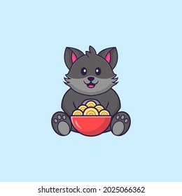 Cute cat eating ramen noodles. Animal cartoon concept isolated. Can used for t-shirt, greeting card, invitation card or mascot.