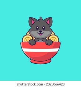 Cute cat eating ramen noodles. Animal cartoon concept isolated. Can used for t-shirt, greeting card, invitation card or mascot.