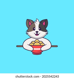 Cute cat eating ramen noodles. Animal cartoon concept isolated. Can used for t-shirt, greeting card, invitation card or mascot.