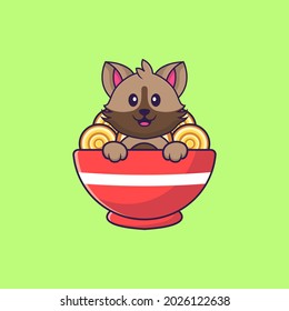 Cute cat eating ramen noodles. Animal cartoon concept isolated. Can used for t-shirt, greeting card, invitation card or mascot.