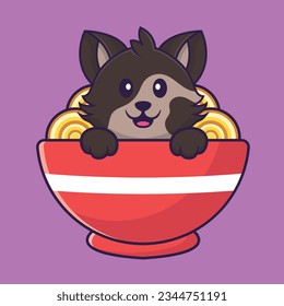Cute cat eating ramen noodles. Animal cartoon concept isolated. Can used for t-shirt, greeting card, invitation card or mascot