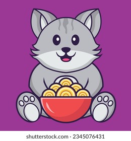 Cute cat eating ramen noodles. Animal cartoon concept isolated. Can used for t-shirt, greeting card, invitation card or mascot
