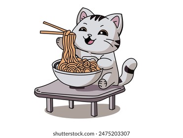 Lindo gato comiendo fideos ramen Ilustración vectorial aislado fondo blanco 