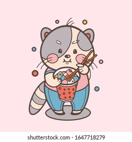 Cute cat is eating street food. Kawaii childish vector illustration.