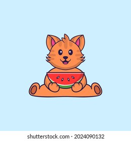 Cute cat eating watermelon. Animal cartoon concept isolated. Can used for t-shirt, greeting card, invitation card or mascot.