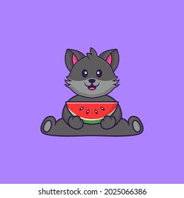 Cute cat eating watermelon. Animal cartoon concept isolated. Can used for t-shirt, greeting card, invitation card or mascot.