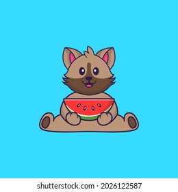 Cute cat eating watermelon. Animal cartoon concept isolated. Can used for t-shirt, greeting card, invitation card or mascot.