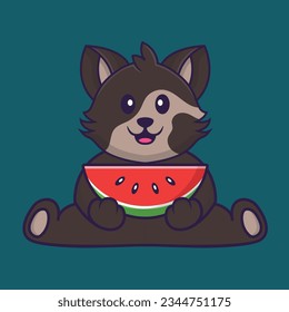 Cute cat eating watermelon. Animal cartoon concept isolated. Can used for t-shirt, greeting card, invitation card or mascot