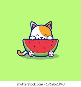 Cute Cat Eating Watermelon Cartoon Vector Icon Illustration. Summer Animal Icon Concept Isolated Premium Vector. Flat Cartoon Style 