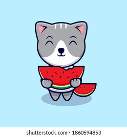 Cute Cat eating watermelon Cartoon Vector Icon Illustration. Flat Cartoon Style