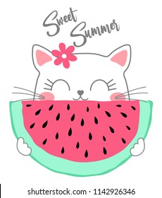 cute cat eating watermelon vector illustration, T-shirt graphics design for kids.