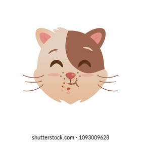 Cute cat eats. Little kitty with crumbs of food on the muzzle. Meow cat print