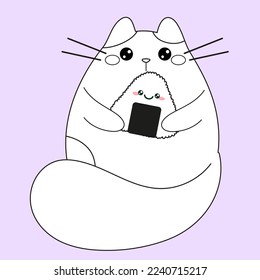 cute cat eats onigiri, japanese food coloring page, cartoon kitty