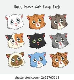 Cute cat emoji set vector of various breeds with kawaii expressions. Perfect for stickers, icons, pet designs, and kids clipart. Flat color style.