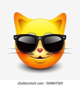 Cute Cat Emoticon, Emoji, Smiley Wearing Sunglasses - Vector Illustration