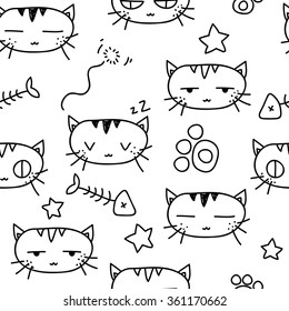 Cute cat emotions faces. Doodle seamless pattern. Hand drawn background.