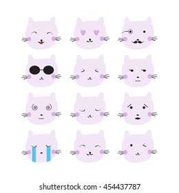 Cute cat emotions set. Simple funny cartoon style. Cat emoji Kawaii.