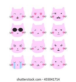 Cute cat emotions set. Simple funny cartoon style. Cat emoji Kawaii.
