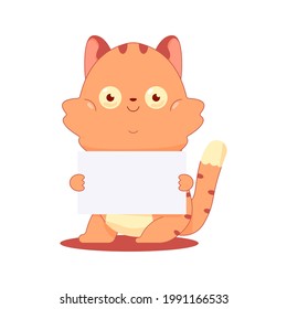 Cute cat with empty sign board vector cartoon character isolated on a white background.