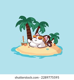 cute cat Enjoy summer sunbathing on a small island under coconut tree while drinking iced juice