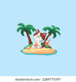 cute cat Enjoy summer sunbathing on a small island under coconut tree while drinking iced juice