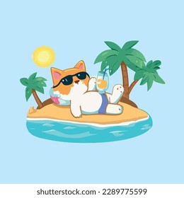 cute cat Enjoy summer sunbathing on a small island under coconut tree while drinking iced juice