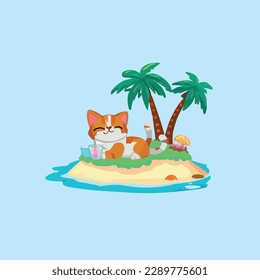 lindo gato Disfrute del sol en verano en una pequeña isla bajo un cocotero mientras toma zumo helado