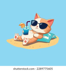 cute cat Enjoy summer sunbathing on a small island under coconut tree while drinking iced juice